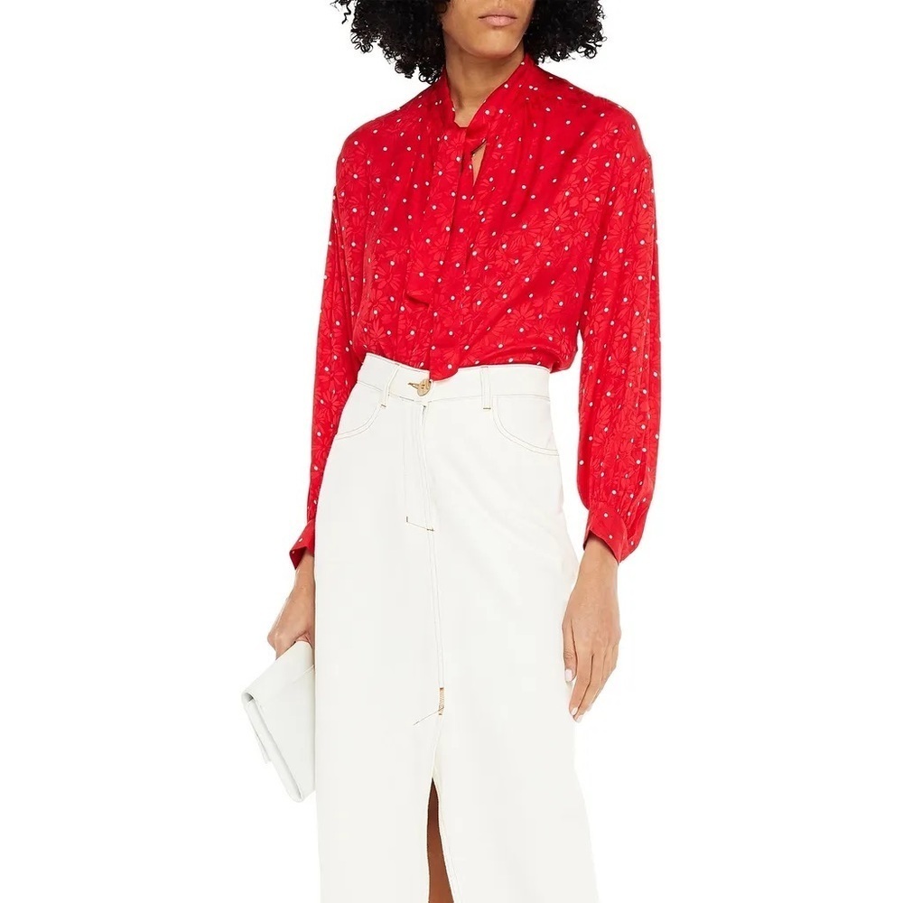 - NWT Maje Blouse Red Floral Polka Dot Rouge Tie-Neck Long SZ 8 ✨✨❤️